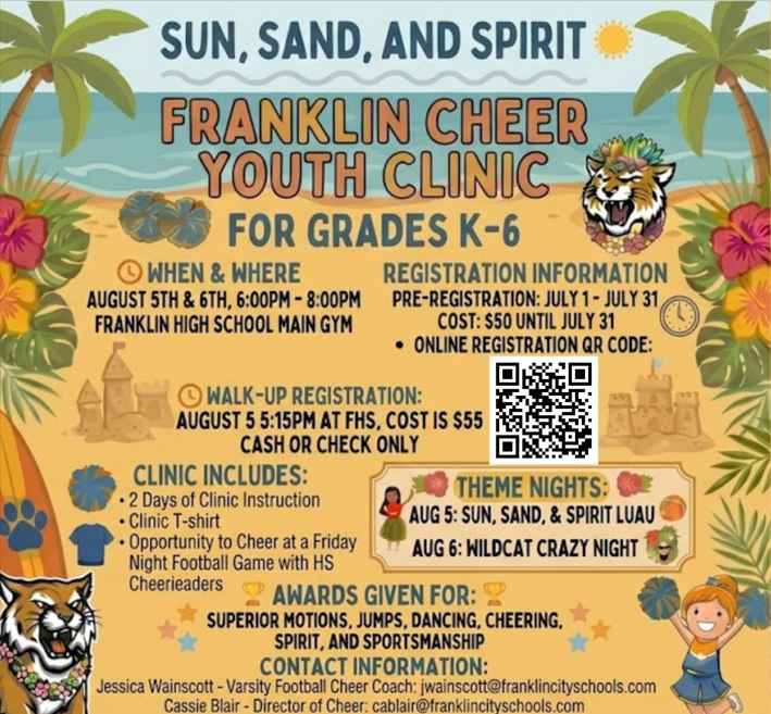 The Franklin Youth Cheer Clinic is a fun introduction to cheerleading for students entering Kindergarten through 6th grade. Participants will learn basic motions, jumps, cheers, chants, and dance skills while building confidence, teamwork, and Wildcat spirit in a positive, encouraging environment